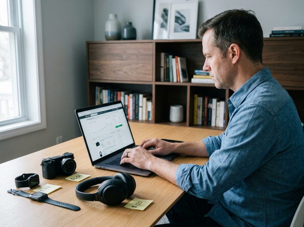 Homme comparant les prix de revente d'appareils tech sur son ordinateur portable dans un bureau à domicile