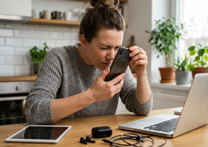 Femme inspectant un smartphone usagé avant de le revendre, entourée d'appareils électroniques sur une table en bois
