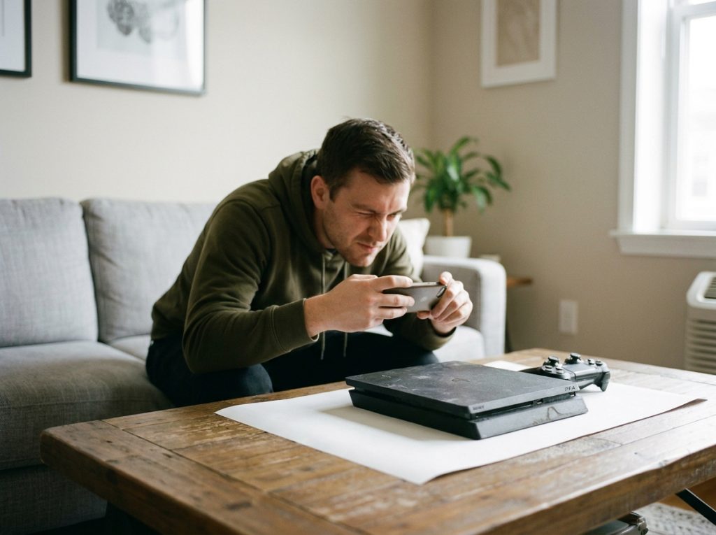 Jeune homme prenant en photo une console de jeu usagée pour une annonce de revente en ligne