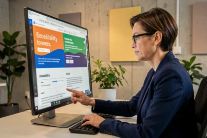 Une femme professionnelle ajuste les paramètres d'accessibilité numérique sur un écran d'ordinateur dans un bureau moderne, illustrant l'optimisation SEO via l'accessibilité web