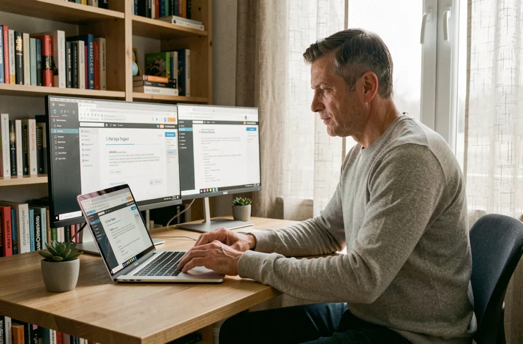 Un homme travaillant depuis chez lui utilise un lecteur d'écran et analyse la hiérarchie de contenu d'un site web pour améliorer l'accessibilité et le SEO