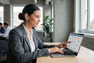 Femme analyste pointant un graphe de backlinks thématiques sur un écran d'ordinateur dans un bureau moderne