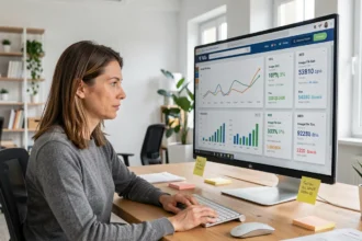 Professionnelle analysant des métriques d'optimisation d'images et de référencement SEO sur un écran d'ordinateur dans un bureau moderne