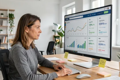 Professionnelle analysant des métriques d'optimisation d'images et de référencement SEO sur un écran d'ordinateur dans un bureau moderne