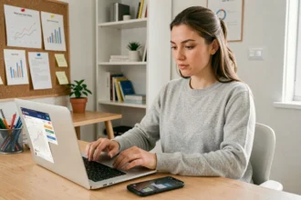 Femme analysant les statistiques des réseaux sociaux et leur impact SEO sur un ordinateur portable dans un bureau moderne
