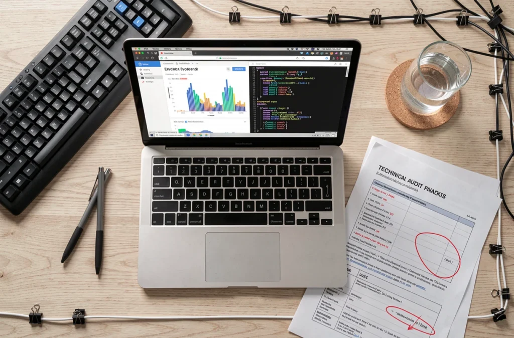 Vue aérienne d'un bureau avec audit technique de performance web et graphiques de chargement pour améliorer le SEO