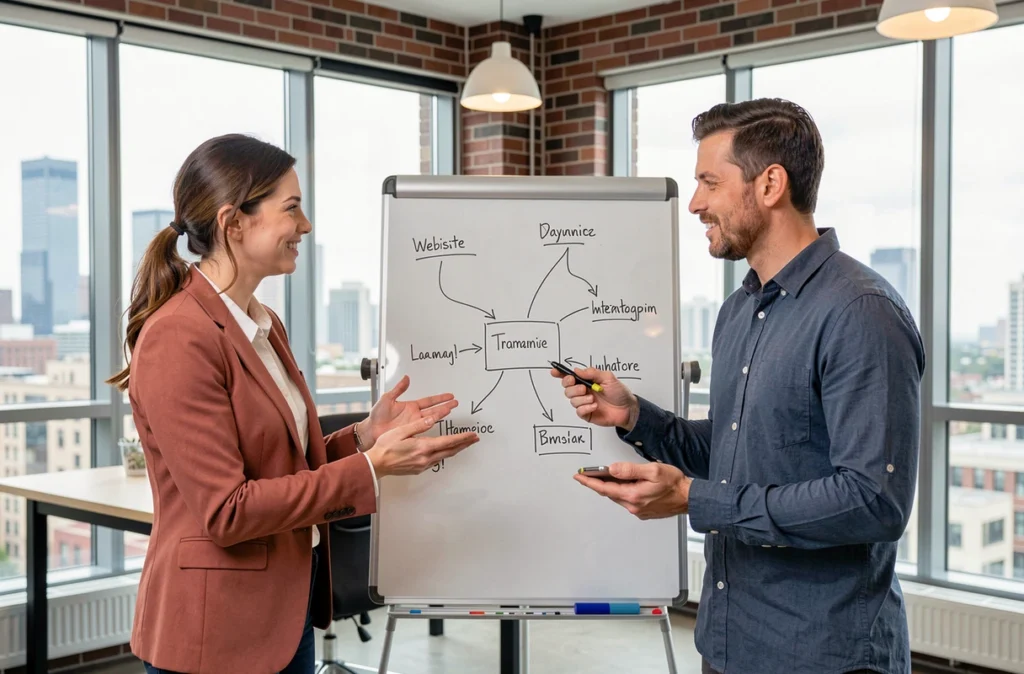 Deux professionnels collaborant sur une stratégie de backlinks thématiques devant un tableau blanc dans un espace de coworking
