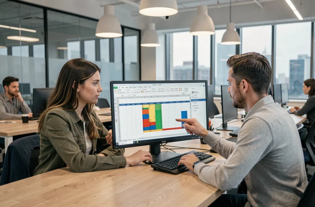 Deux collègues collaborant sur la mise en forme automatisée de tableaux Excel dans un espace de coworking moderne