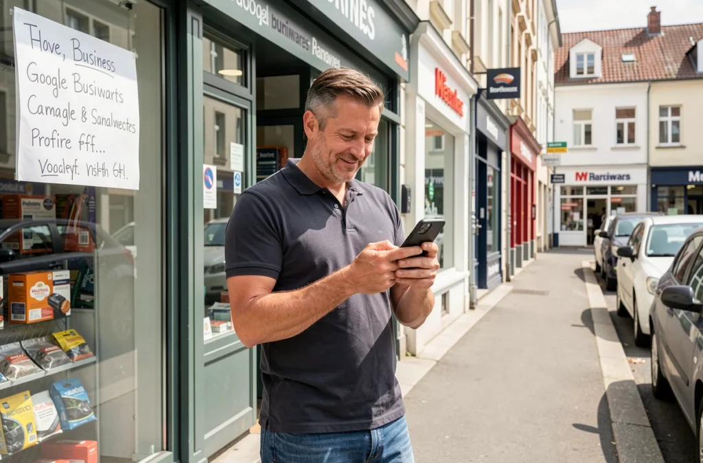 Propriétaire de commerce local consultant sa fiche Google Business Profile depuis son smartphone devant sa devanture