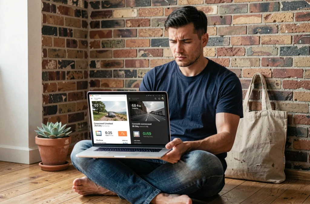 Développeur web comparant des fichiers images compressés et non compressés sur un ordinateur portable pour améliorer le référencement naturel