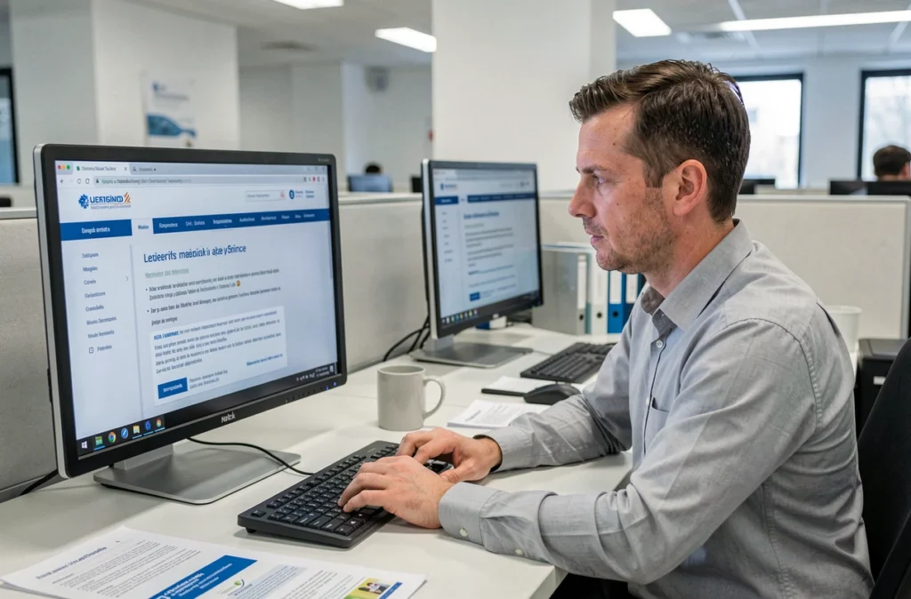 Homme consultant le portail académique de Versailles pour configurer son adresse mail professionnelle dans un bureau administratif