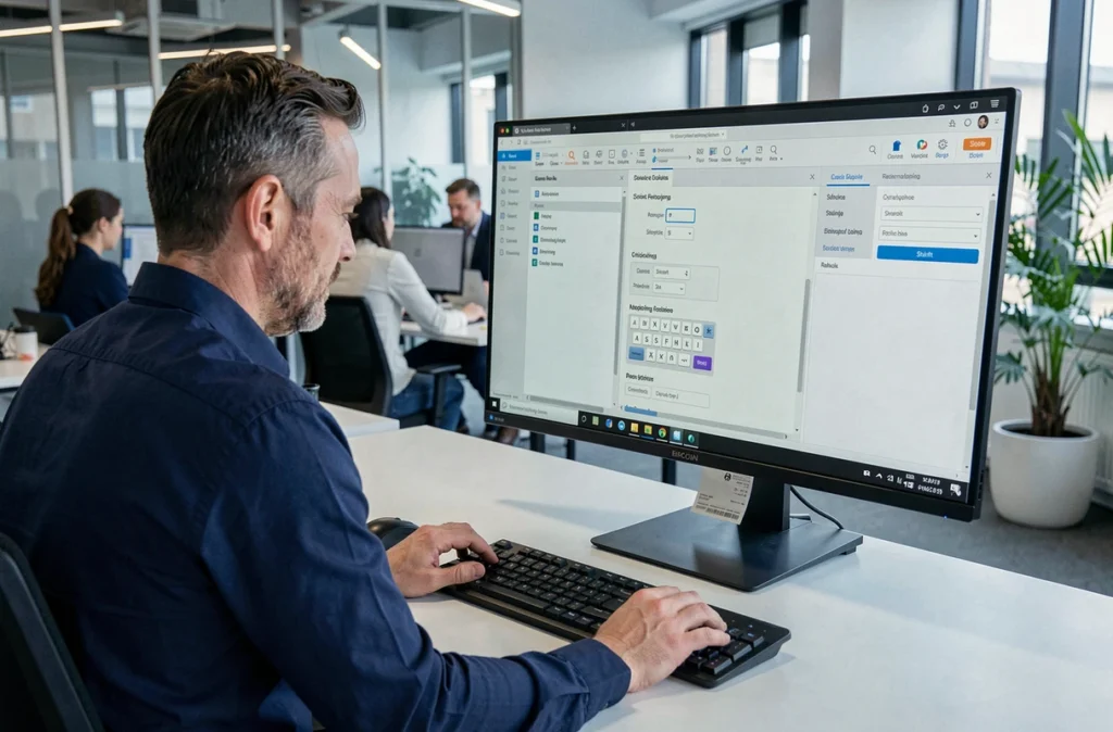 Homme configurant les raccourcis de la touche Shift sur un logiciel de remappage clavier au bureau