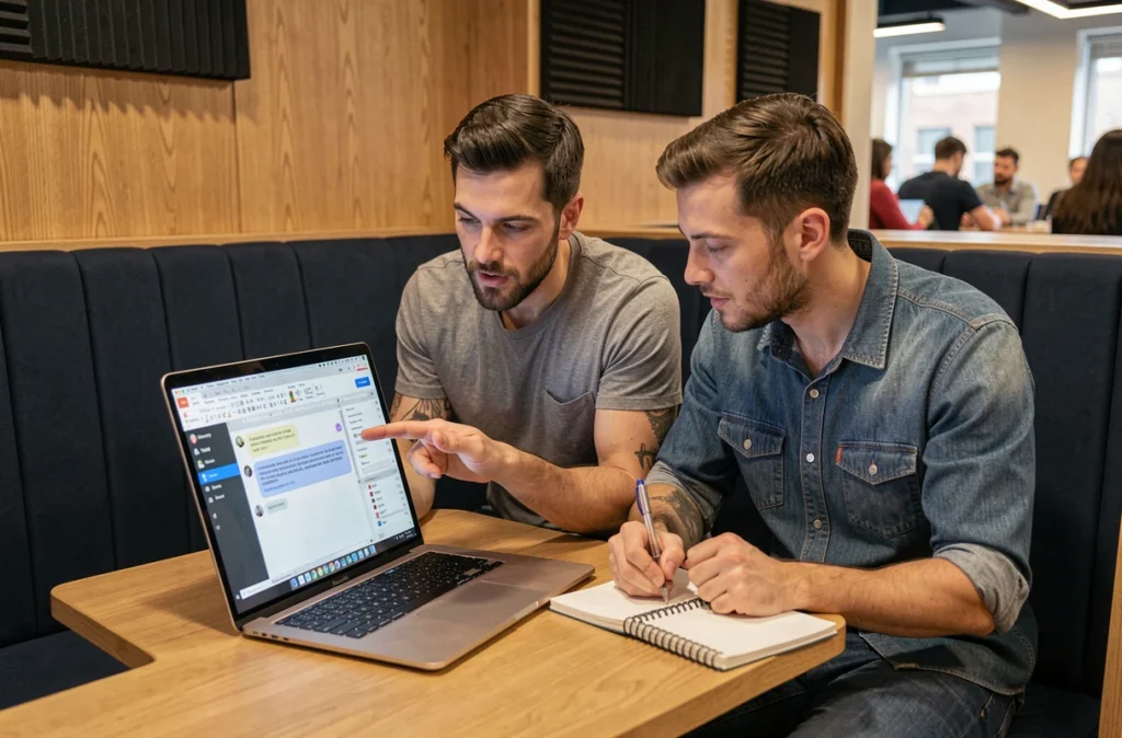 Deux collègues en espace de coworking révisant ensemble un document Google Docs en mode suggestion
