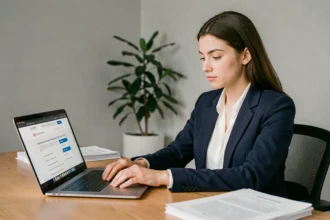 Jeune femme créant une adresse mail académique de Versailles sur son ordinateur portable dans un bureau à domicile