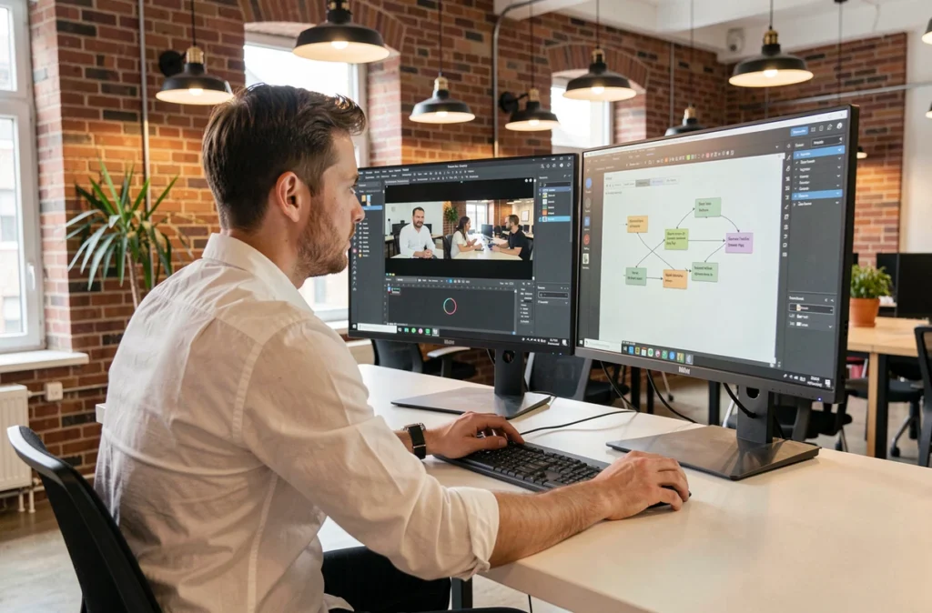 Jeune homme créant un schéma interactif pour un diaporama sur un poste de travail en espace co-working
