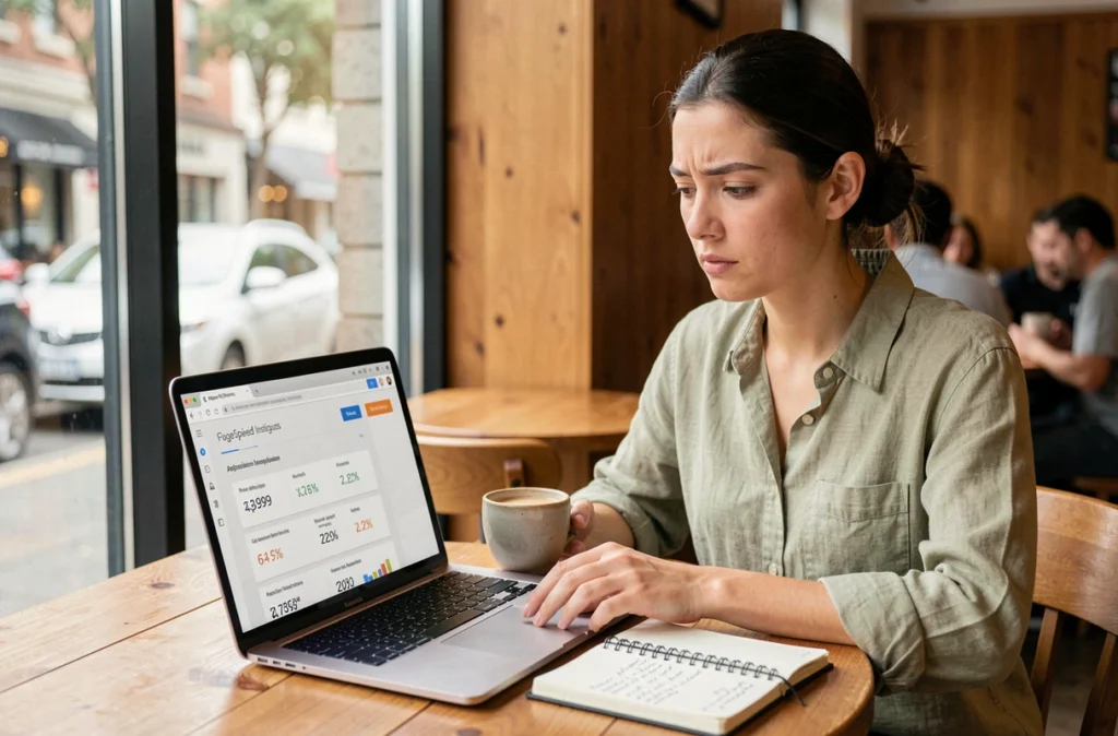 Designer UX consultant les résultats PageSpeed Insights sur un ordinateur portable dans un café pour optimiser le référencement