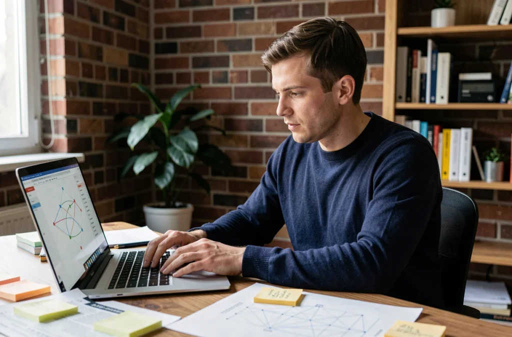 Développeur web analysant la structure de maillage interne d'un site sur son ordinateur portable dans un bureau à domicile