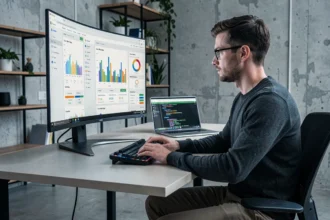 Développeur web analysant les métriques de vitesse de chargement d'un site sur un écran ultrawide dans un bureau moderne