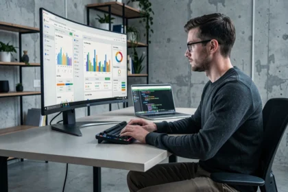 Développeur web analysant les métriques de vitesse de chargement d'un site sur un écran ultrawide dans un bureau moderne