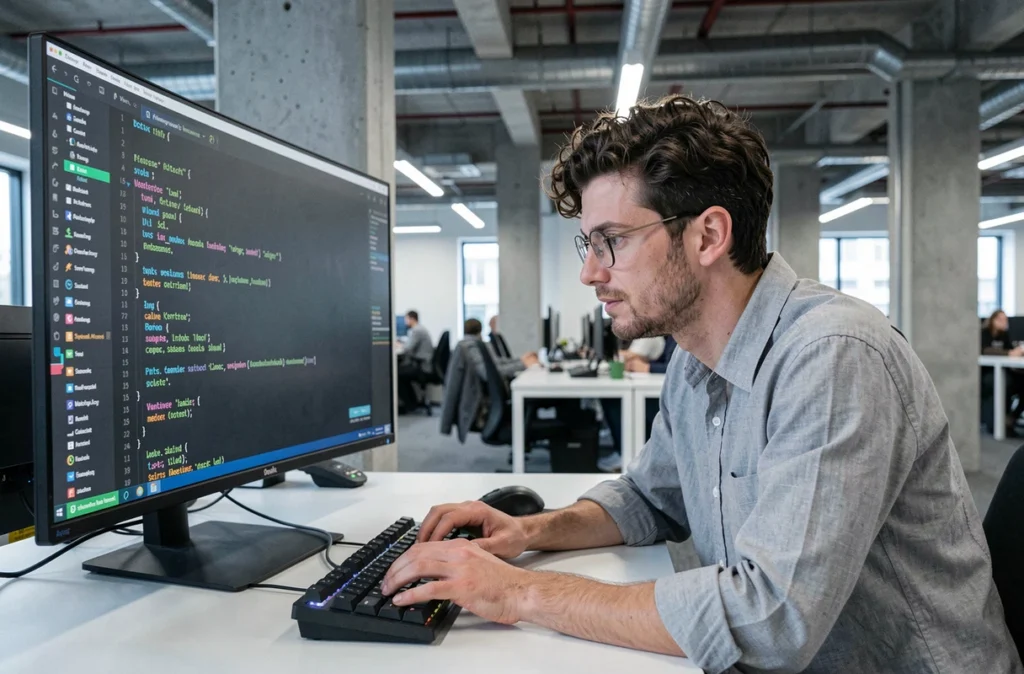 Développeur web structurant les balises titres HTML dans un éditeur de code pour améliorer la visibilité sur Google