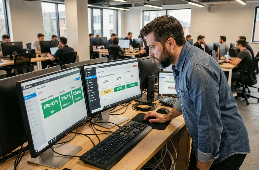 Développeur masculin analysant des outils de conversion d'octets sur deux écrans dans un bureau moderne