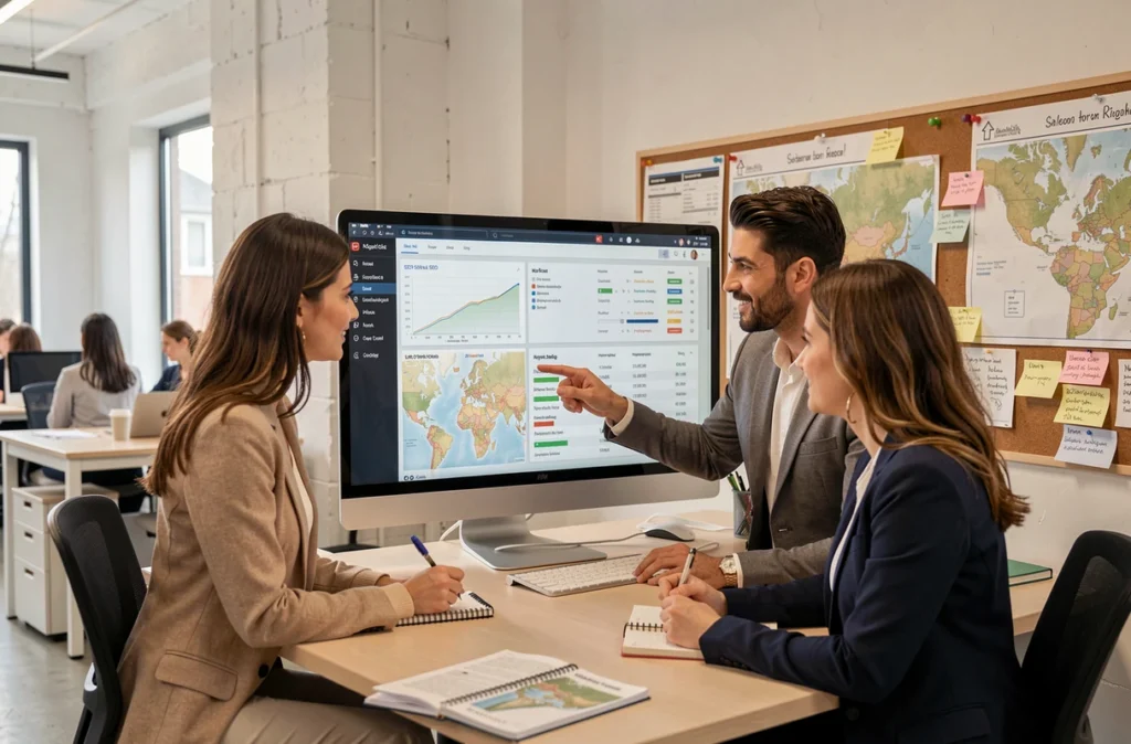 Équipe de marketing digital analysant un tableau de bord de référencement local avec classements et données de mots-clés