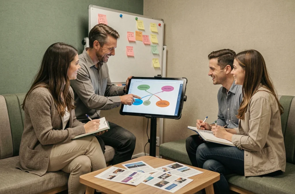 Équipe de collègues analysant un schéma interactif sur tablette pour améliorer une présentation PowerPoint