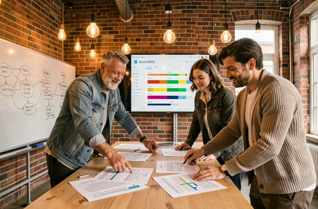 Une équipe de professionnels du web analyse un rapport d'audit d'accessibilité numérique et des indicateurs SEO sur un tableau de bord dans une agence créative