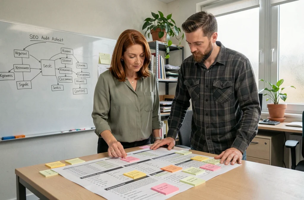 Deux collègues en agence web analysant un audit SEO centré sur la hiérarchie des balises titres pour Google