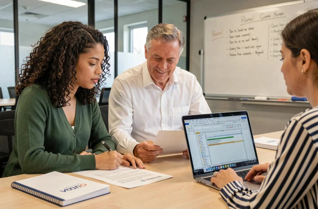 Équipe de collègues collaborant autour d'un rapport Word avec suivi des modifications en salle de réunion