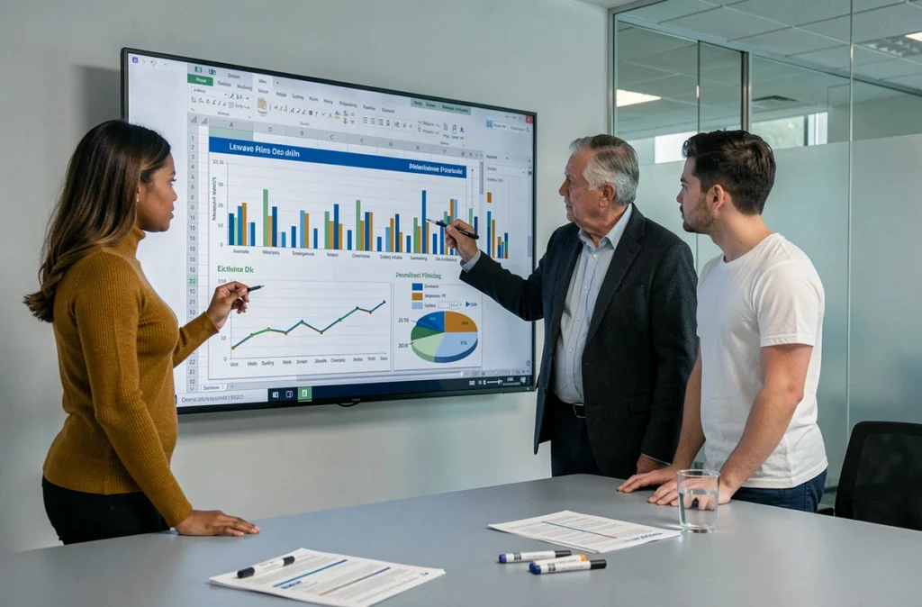 Équipe professionnelle en réunion analysant un tableau croisé dynamique Excel sur écran mural