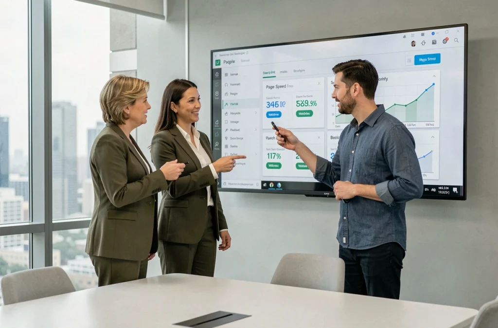 Équipe de professionnels du digital discutant d'une stratégie d'optimisation des images et de performance web devant un tableau de bord SEO