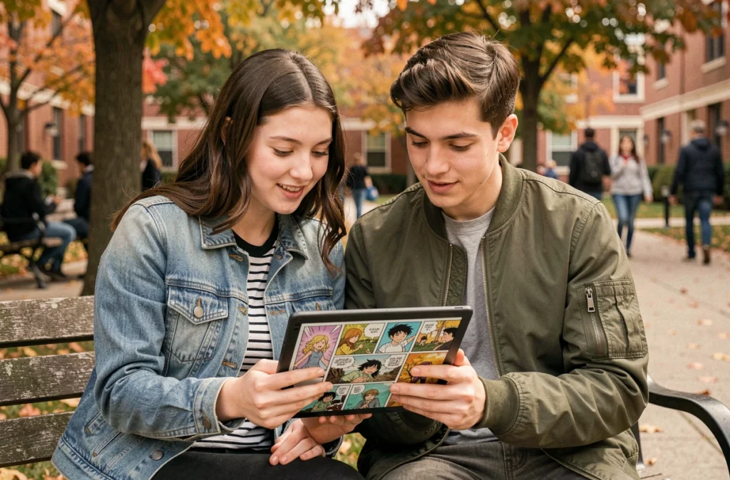 Deux étudiants lisant un manga sur une tablette numérique en plein air sur un campus universitaire, discutant de la légalité des sites de lecture gratuits