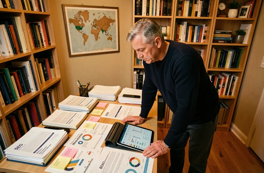 Expert SEO étudiant des rapports de backlinks thématiques dans un bureau à domicile organisé