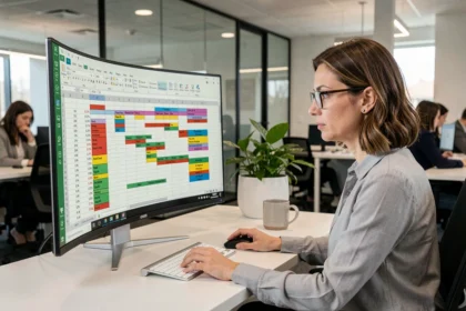 Femme analyste concentrée sur des tableaux croisés dynamiques Excel dans un bureau moderne