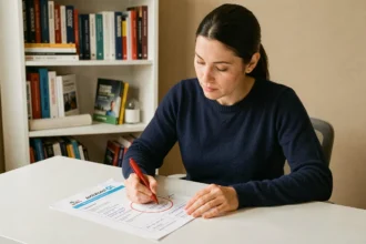 Femme annotant une maquette de page web pour structurer les balises titres et optimiser le référencement Google