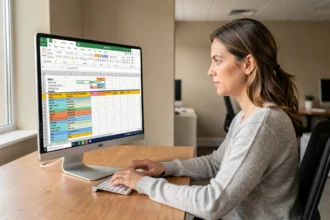 Femme professionnelle utilisant Excel pour automatiser la mise en forme de tableaux sur un grand écran dans un bureau moderne
