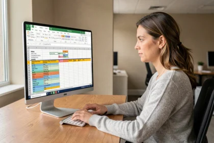 Femme professionnelle utilisant Excel pour automatiser la mise en forme de tableaux sur un grand écran dans un bureau moderne