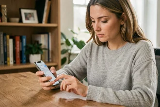 Femme comptant les caractères spéciaux lors de la rédaction d'un SMS sur son smartphone