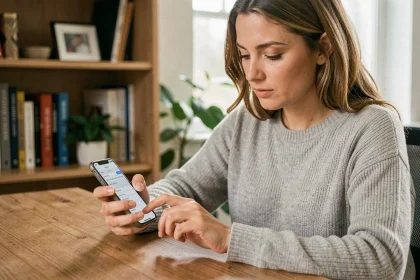 Femme comptant les caractères spéciaux lors de la rédaction d'un SMS sur son smartphone