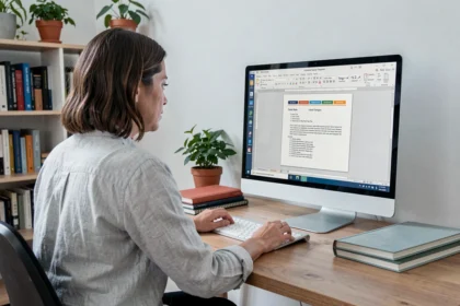 Femme créant un modèle de document personnalisé dans LibreOffice sur un grand écran dans un bureau à domicile moderne