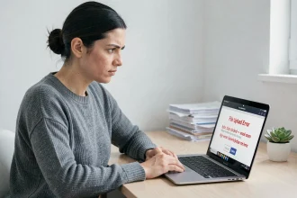 Femme concentrée face à une erreur de taille de fichier sur son ordinateur portable, illustrant la conversion d'octets