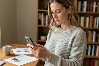 Femme tenant un iPhone 13 mini dans ses mains et comparant les prix sur son téléphone depuis un bureau à domicile
