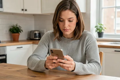 Femme utilisant son iPhone avec iOS 18.4.1 à table dans une cuisine moderne