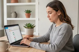 Femme organisant ses tâches quotidiennes sur Microsoft To Do depuis son bureau à domicile