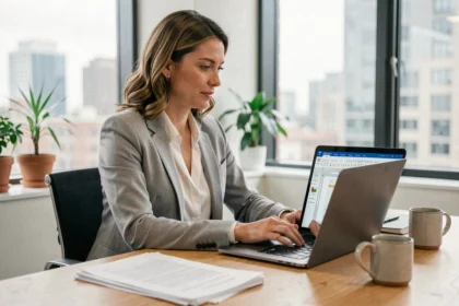 Femme professionnelle utilisant Microsoft Word sur un ordinateur portable pour rédiger un rapport dans un bureau moderne
