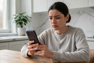 Femme tenant un nouveau smartphone Samsung et cherchant la corbeille dans les paramètres de l'interface