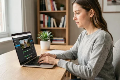 Femme en télétravail utilisant un convertisseur vidéo vers MP4 sur son ordinateur portable à un bureau de maison moderne