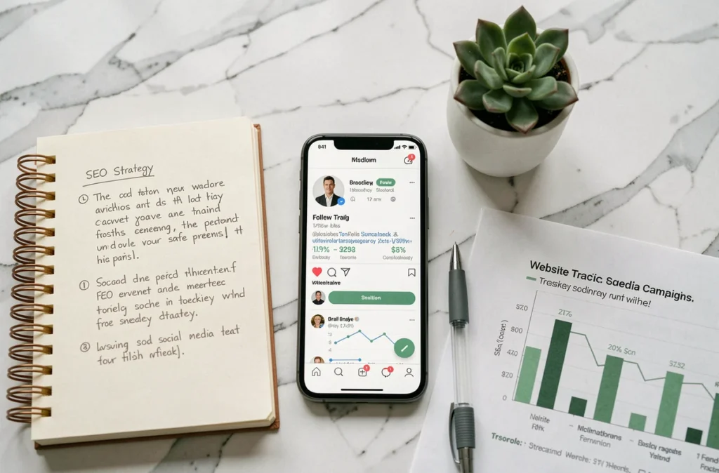 Vue en plongée d'un smartphone affichant des statistiques de réseaux sociaux et des notes de stratégie SEO sur un bureau en marbre