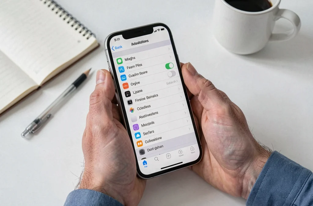 Gros plan de mains tenant un iPhone avec l'interface iOS 18.4.1 visible sur l'écran